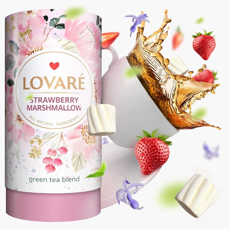 LOVARE Strawberry Marshmallow Loose Leaf Tea 80 g - Made in Ukraine - Green Tea, Strawberry, Cornflower Petals - Gift Box with 15 Paper Filters - Image 1